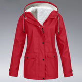 Women's red insulated hooded winter parka in 3XL, featuring long sleeves and a high collar for added warmth.