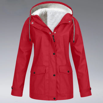 Women's red insulated hooded winter parka in 3XL, featuring long sleeves and a high collar for added warmth.