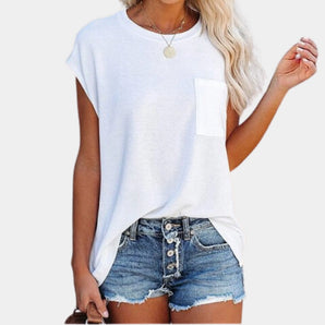 Women's white crew neck t-shirt in a casual loose-fit style, made from a cotton blend fabric. The shirt is shown in an XXL size, featuring short sleeves and designed for a comfortable and fashionable look.