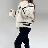 Women's white faux fur winter jacket with long sleeves, styled as cozy street wear.