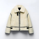 Women's white faux fur winter jacket with a stylish design, featuring a collar and long sleeves, displayed on a clothes hanger. The jacket provides a cozy and fashionable look for street wear.