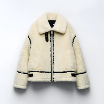 Women's white faux fur winter jacket with a stylish design, featuring a collar and long sleeves, displayed on a clothes hanger. The jacket provides a cozy and fashionable look for street wear.