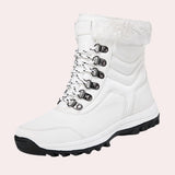 Women's white fur-lined insulated snow boots designed for winter with a non-slip sole, suitable for outdoor activities in cold weather.