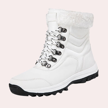 Women's white fur-lined insulated snow boots designed for winter with a non-slip sole, suitable for outdoor activities in cold weather.