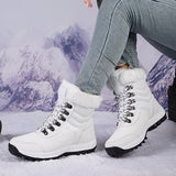 Women's white fur-lined insulated snow boots designed for winter wear, featuring a non-slip sole, displayed in size 42, with a stylish and fashionable appearance.