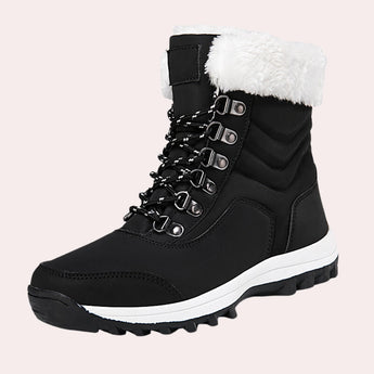 Women's white fur-lined insulated snow boots with a non-slip sole, designed for winter outdoor activities.