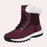 Women's white fur-lined insulated snow boots designed for non-slip traction in winter conditions, featuring a stylish and practical design for outdoor activities.