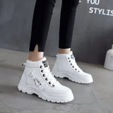 Women's white fur-lined lace-up ankle winter boots displayed with a focus on the sleek white exterior, cozy fur lining, and sturdy sole, suitable for cold weather.