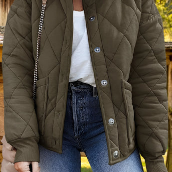 Army green women's lightweight quilted insulated winter jacket featuring a fashionable design with a high neck, long sleeves, and a fitted waist, ideal for cold weather.