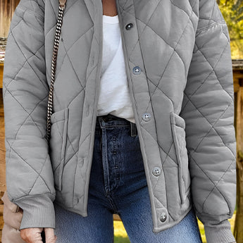 Women's gray lightweight quilted insulated winter jacket in size 2XL, featuring a fashion-forward design with a white and gray color scheme, long sleeves, and a comfortable fit.