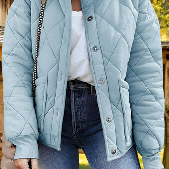 Light blue women's lightweight quilted insulated winter jacket in size 2XL, featuring a white and stylish design with a high neckline and long sleeves.