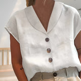 Women's white linen blouse, short sleeve, V-neck, button-down summer top in size 3XL, displayed on a mannequin.