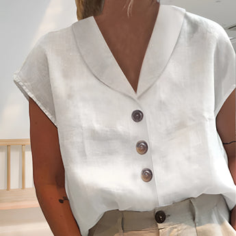 Women's white linen blouse, short sleeve, V-neck, button-down summer top in size 3XL, displayed on a mannequin.