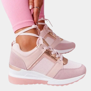 Women's stylish white platform sneakers with a zipper, featuring a rose pink color accent, designed for walking and outdoor activities.