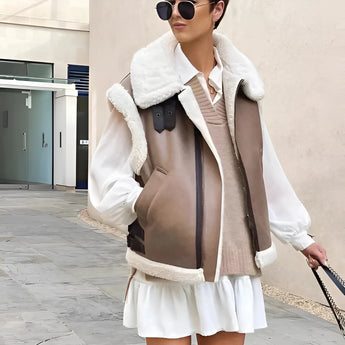 White shearling vest for women styled in an urban chic fashion, showcasing winter outerwear with a focus on the neck and waist. The model is accessorized with sunglasses.