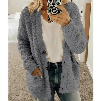 Dark gray women's teddy coat in a soft plush fabric, worn by a person who is also wearing sunglasses and a dress shirt. The coat is fluffy and suitable for winter, with an emphasis on its cozy and warm texture. The model is showcasing the 5XL size.