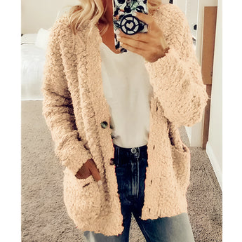 Khaki 5XL women's teddy coat with a soft plush texture, featuring long sleeves, a collar, and a relaxed fit, ideal for winter wear.