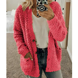 Women's rose-colored fluffy teddy coat in size 5XL, featuring a soft plush texture with long sleeves, a collar, and a cozy design ideal for winter wear.
