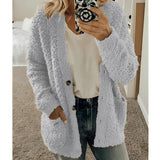 Women's fluffy teddy coat in light gray, size 5XL, featuring a soft plush texture, long sleeves, and a cozy winter design perfect for layering.