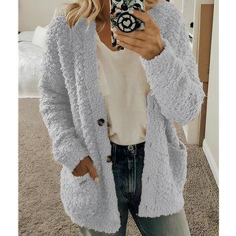 Women's fluffy teddy coat in light gray, size 5XL, featuring a soft plush texture, long sleeves, and a cozy winter design perfect for layering.