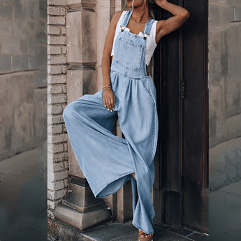 Women's wide-leg blue denim overalls in Azzurro color, size XXL, featuring pockets and a casual fashion design.