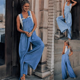 Wide-leg blue denim overalls with pockets for women, featuring adjustable shoulder straps and a relaxed fit.
