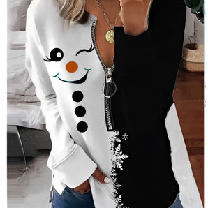 Women's white winter snowman sweater with an asymmetric zip-up design, featuring a high collar and long sleeves, styled for Christmas.