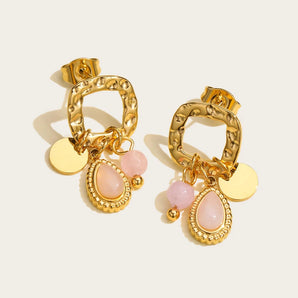YA-CHAN 18K Gold Pink Gemstone Drop Earrings in gold-tone, featuring circular pink gemstones and a tarnish-free finish, displayed against a neutral background.