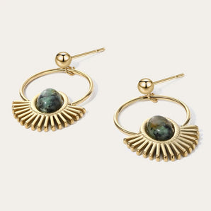 18K gold plated circle fan earrings with natural stone, featuring a circular design and a golden finish.