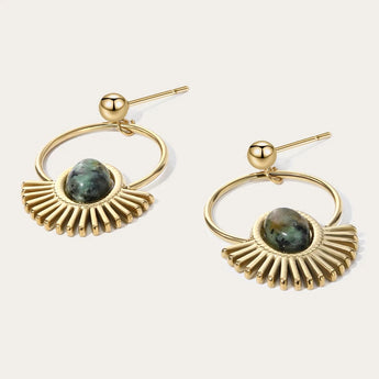 18K gold plated circle fan earrings with natural stone, featuring a circular design and a golden finish.