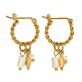 18K gold plated hoop earrings with pink natural stone charms, featuring a gold-tone twisted rope design.