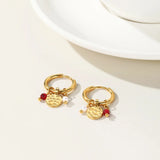 18K gold plated hoop earrings with pink natural stone charms, elegant fashion accessory for women.