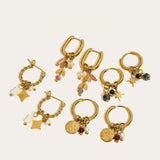 18K gold plated hoop earrings with pink natural stone charms