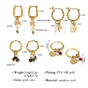 18K gold plated hoop earrings with pink natural stone charms.