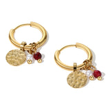 18K gold plated hoop earrings with pink natural stone charms and multi-dangle design, featuring textured gold-tone finish.