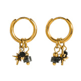 Gold-tone hoop earrings with star charm and black bead, 18K gold plated, featuring natural pink stone charms.