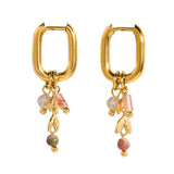 18K gold plated hoop earrings with pink natural stone charms and gold-tone crescent moon charm.