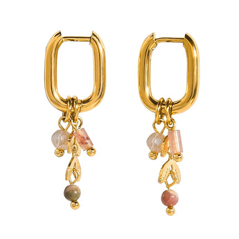 18K gold plated hoop earrings with pink natural stone charms and gold-tone crescent moon charm.