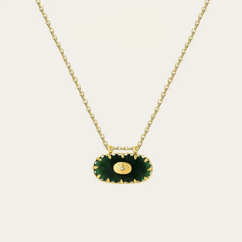 YA-CHAN Green Gemstone Pendant Gold Chain - Luxury Emerald Necklace featuring a vibrant green gemstone set in a circular gold pendant on a delicate gold chain.