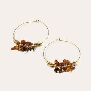 YA-CHAN Handmade 18K Gold Gemstone Hoop Earrings featuring unique bead clusters with amber and other natural materials.