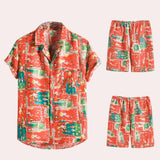 Men's tropical shirt and shorts set featuring a bold yellow fern print on a red background, designed for summer beachwear in size 3XL.