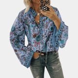 Yellow floral boho blouse with balloon sleeves, featuring a V-neckline and a blue color variant in size 3XL, displayed on a mannequin.