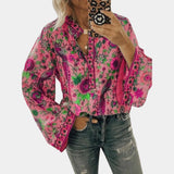 Yellow floral boho blouse for women featuring balloon sleeves, a V-neck design, and a rose pink color in size 3XL.