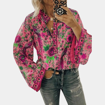 Yellow floral boho blouse for women featuring balloon sleeves, a V-neck design, and a rose pink color in size 3XL.