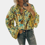 Yellow floral boho blouse with balloon sleeves and a V-neck design, sized 3XL.