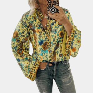 Yellow floral boho blouse with balloon sleeves and a V-neck design, sized 3XL.