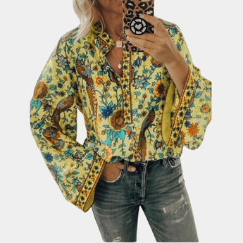 Yellow floral boho blouse with balloon sleeves and a V-neck design, sized 3XL.