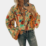 Yellow floral boho blouse with balloon sleeves and a V-neck design in an orange color, size 3XL, showcasing intricate textile patterns and featuring a loose, relaxed fit ideal for casual wear.