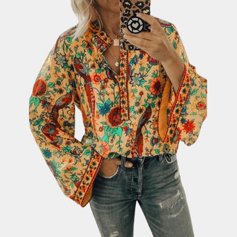 Yellow floral boho blouse with balloon sleeves and a V-neck design in an orange color, size 3XL, showcasing intricate textile patterns and featuring a loose, relaxed fit ideal for casual wear.