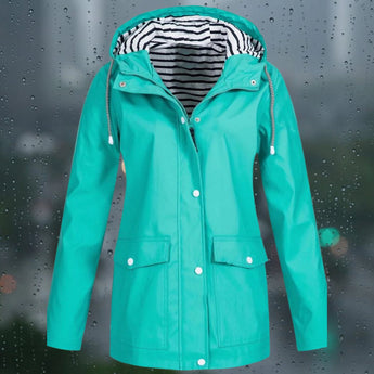 Turquoise waterproof and windproof hoodie jacket with adjustable hood, featuring long sleeves and a high collar in a 5XL size.